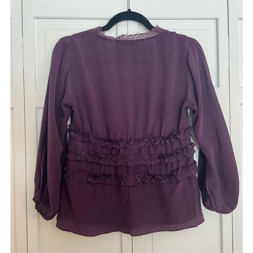 Nanette lepore 100% silk purple ruffled lace trim blouse size 0 - Picture 6 of 10